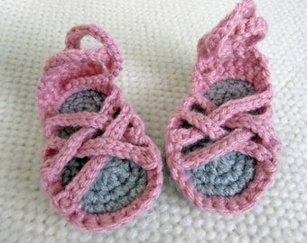 Crochet Baby Gladiator Sandals, Pink & Gray, Baby Shower Gift