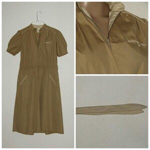 80s Khaki Cotton Dress Beige Uniform Style Size Small to Medium Retro Preppy A-Line Skirt Zipper Front Vintage Sporty Casual Day Dresses image 5