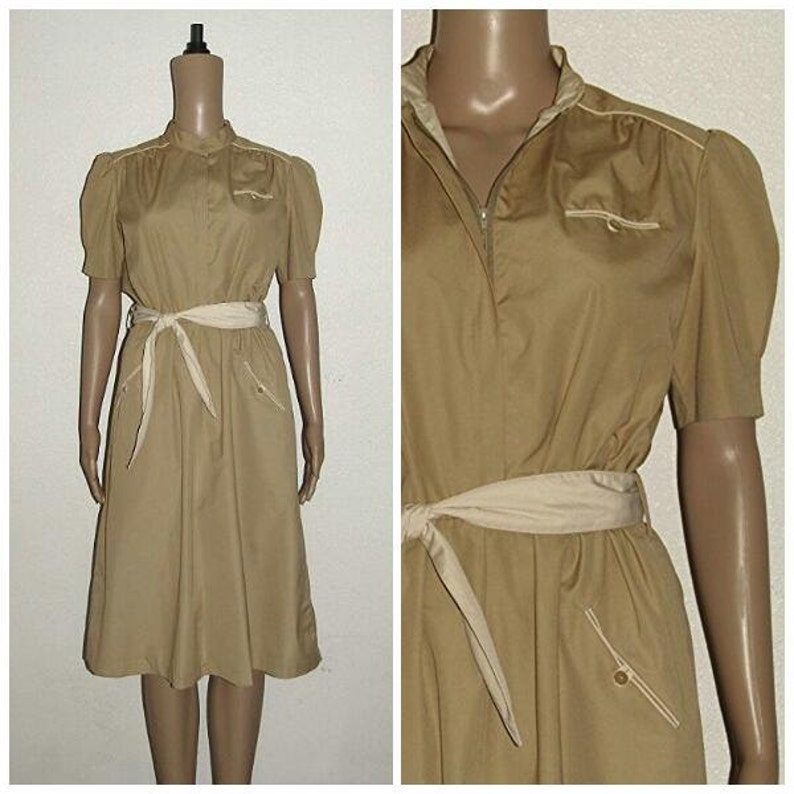 80s Khaki Cotton Dress Beige Uniform Style Size Small to Medium Retro Preppy A-Line Skirt Zipper Front Vintage Sporty Casual Day Dresses image 1