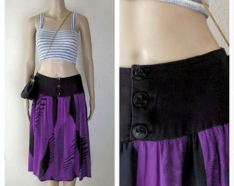 80s Abstract Purple Black Skirt Cotton Size Extra Small Vintage A-Line Retro Yoke Waist New Wave Style Unique Skirts