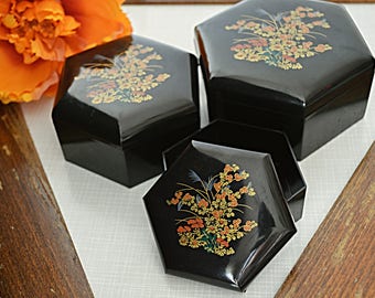 Asian Laquerware Stacking Boxes Set of Three Hexagonal Boxes Floral Motif Vintage Asian Decor Jewelry Catch All