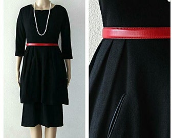 1940s Black Evening Dress Wool Blend Size Medium Two Tier Skirt Fitted Waist Mid Century Chic Elegant Formal Fall Winter Vintage Dresses