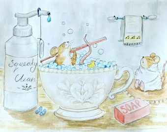 Mouse bathroom * fantasy illustration watercolour painting * original artwork or prints