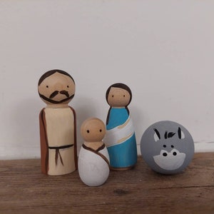Mary, Joseph, Jesus & Donkey Wooden peg doll set * Montessori
