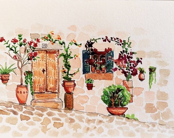 Mediterranean door and street with pots * original watercolour painting or art print *  home decor * mothers day gift