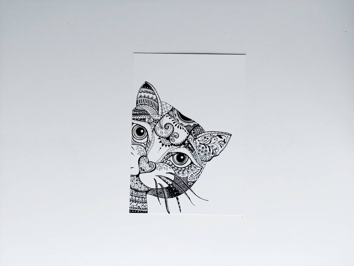 猫の線画イラスト、白黒オリジナルアートワークまたはプリント