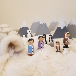 Polar Animals and Inuit Peg Doll collection * Wooden winter scene * Igloo * Penguins * Polar bears * Arctic fox * Snow scene *montessori