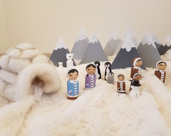 Polar Animals and Inuit Peg Doll collection * Wooden winter scene * Igloo * Penguins * Polar bears * Arctic fox * Snow scene *montessori
