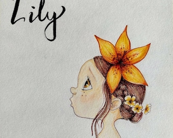 Lily - Girl illustration with botanical detail * personalised artwork * any name * bespoke drawing - choice of name, accessories & features