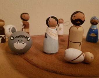 Mary, Joseph, Jesus & Donkey Wooden peg doll set
