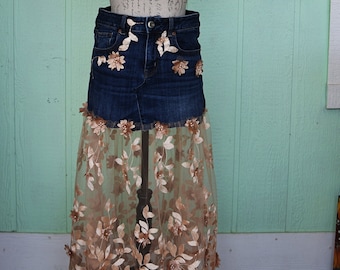 American Eagle Outfitters Blue Denim Jean Skirt, Upcycled with a Sheer Tan Flower Skirt, Unique One of A Kind