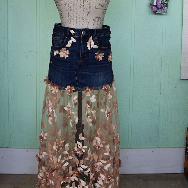 American Eagle Outfitters Blue Denim Jean Skirt, Upcycled with a Sheer Tan Flower Skirt, Unique One of A Kind