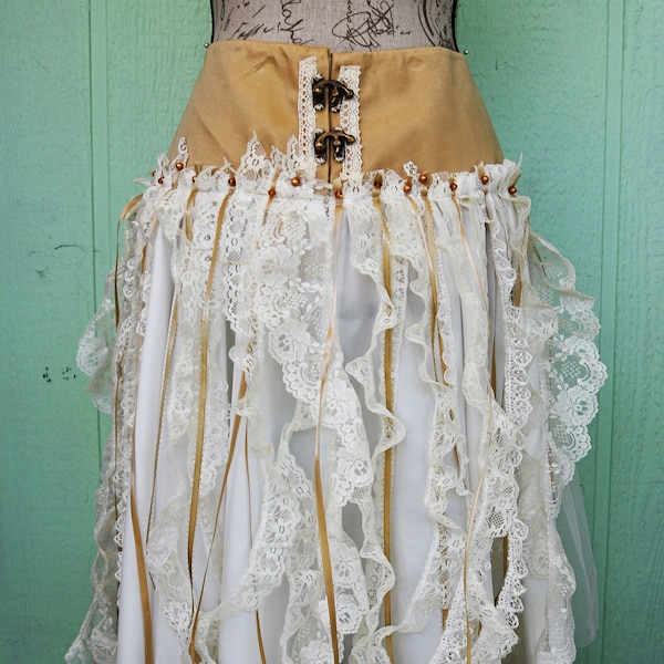 Spiegel Golden Tan, Off White Netting, Lace, Ribbon & Pearls, Skirt, Wedding, Festival, Event, Fun Costume