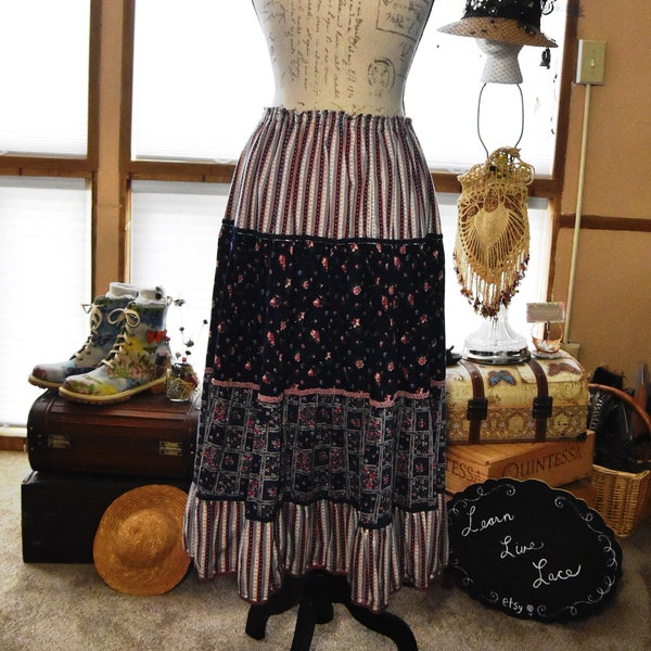 Second Time Around, Navy Blue, Periwinkle, Pink Floral 4-Tiered Elastic Waist, Cotton Skirt