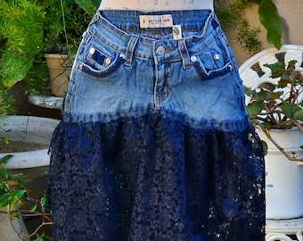 Just U.S.A Blue Denim Jean Unique One of A Kind Festival Lace Skirt