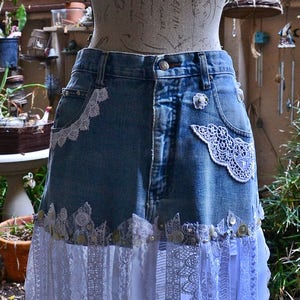 Cherokee and Lace, Denim Jeans, White Wedding Lace Skirt, Unique