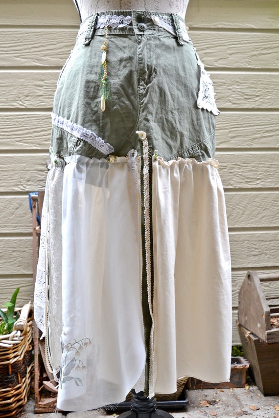Lucky Brand Olive Green, off White Sheer Curtain and Lace Festival, Event,  Fun Skirt With a Fairy Wing Chain 