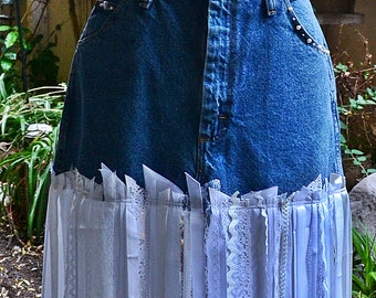 Wranglers and Lace Denim Jeans Skirt, Unique One of A Kind Festival Lace Skirt