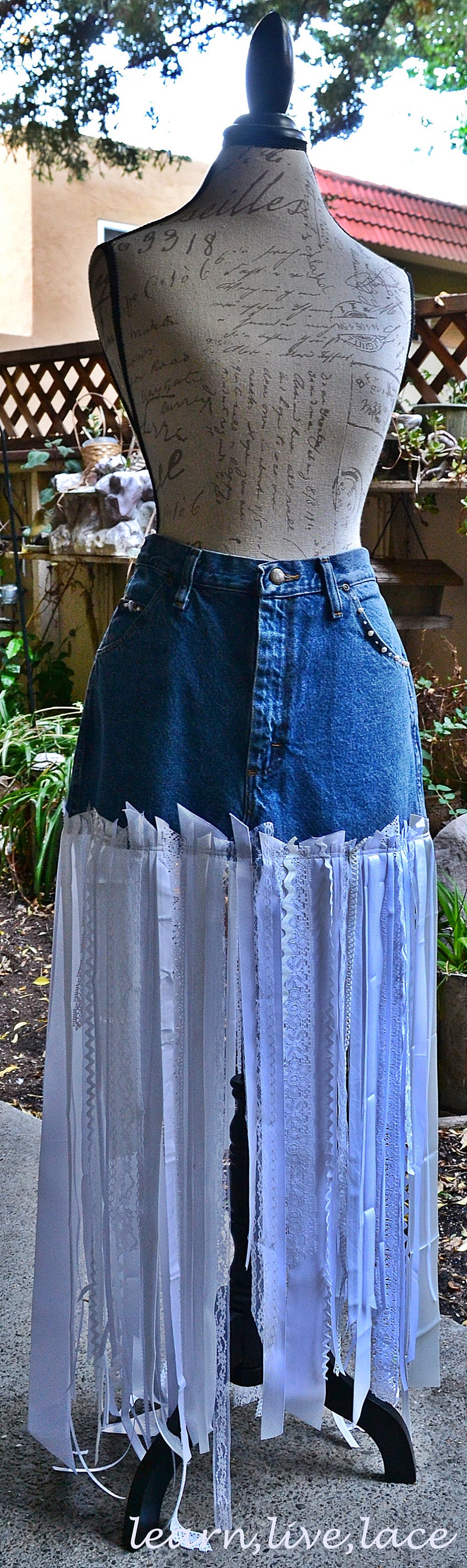 Wranglers and Lace Denim Jeans Skirt, Unique One of A Kind