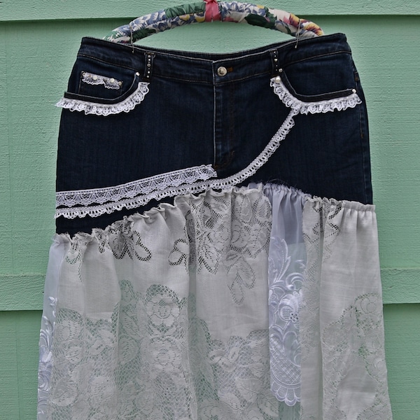 AK Anne Klein, Blue Denim, Jean, White Lace, Ribbon Skirt, Wedding, Festival, Event, Costume, Unique One of A Kind