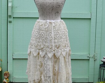 Off White, Ivory, and White Lace, Drawstring, Layered  Easy to Wear Skirt great for Wedding, Festival, Event, Costume, Fun