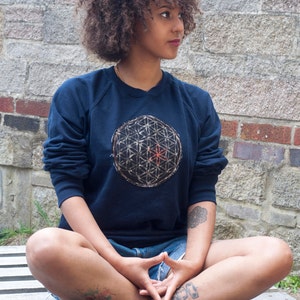 Flower of Life Sweater with Denim bleach drawing and embroidery detail. image 1