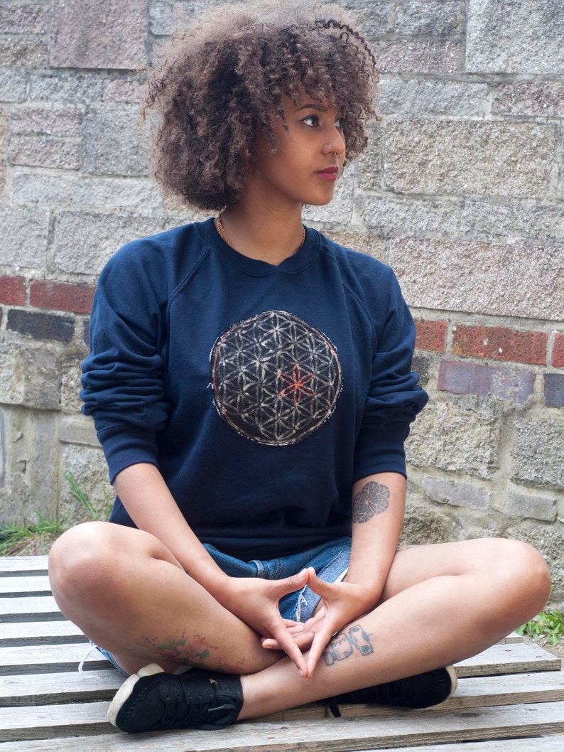 Flower of Life Sweater with Denim bleach drawing and embroidery detail. image 1