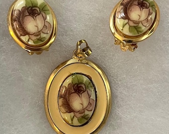 Vintage Rose Pendant and Earring Set