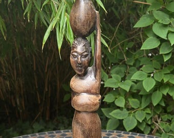 Authentic African Blackwood (Mpingo) Carving Woman Carrying Water and Child