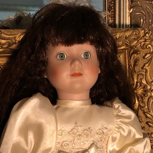 Beautiful Porcelain Doll in White Satin Dress with Frilly Lace Bloomers