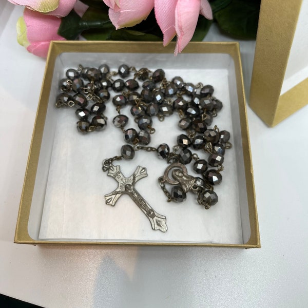 Delicate Vintage Black Glass Bead Rosary (circa 1970's)