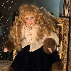 Beautiful Porcelain Doll in Navy Bule Velveteen Skirt with Fur Trim