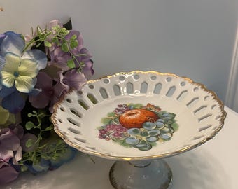 Small Footed Latticed Vintage Fruit Motif Dish