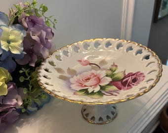 Small Footed Latticed Vintage Floral Dish