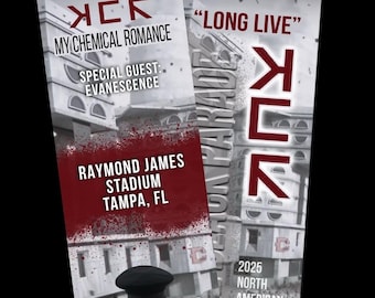 May include: Two-sided souvenir ticket featuring the band My Chemical Romance with special guest Evanescence. The ticket includes the text "Long Live" and details for the 2025 North American Stadium Tour at Raymond James Stadium in Tampa, FL.