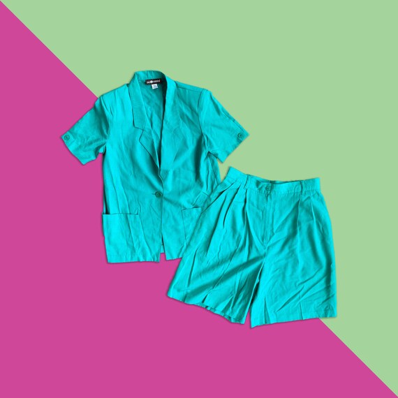 Vintage 80's - 90's Teal Blazer and Shorts Suit Se