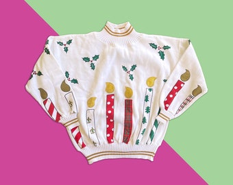 Vintage 80's - 90's Ugly Christmas Candle and Holly Mock Neck Sweatshirt with Gold Trim - Unisex Size Small/Medium