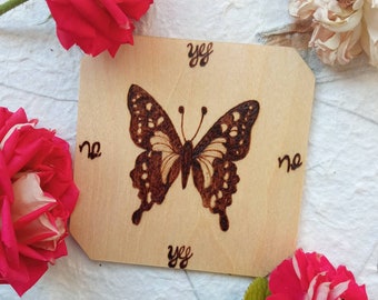 Handmade pendulum board with wood-burned butterfly design, yes and no - tool for witchcraft - for witches, pagans and wiccans