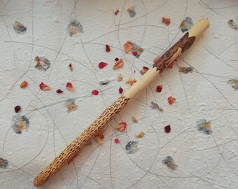 Greek cherry plum wand with snake carving, moon rabbit design and amethyst tip- tool for witchcraft- perfect for witches, pagans and wiccans