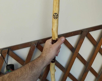 Greek plum staff with phoenix-bird carving, pentacle, moon phases & carnelian - tool for witchcraft- perfect for witches, pagans and wiccans