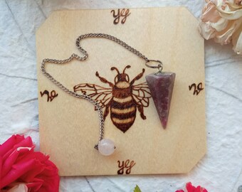 Handmade pendulum board with wood-burned bee design, yes and no - tool for witchcraft - for witches, pagans and wiccans