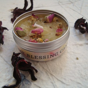 Homemade home blessing candle in a tin, made with a paraffin-beeswax, herbs and oils - tool for witchcraft - for witches, pagans and wiccans