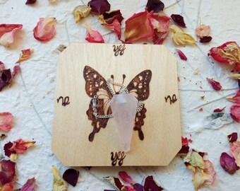 1 pc rose quartz crystal pendulum + 1 pendulum board of your choice - tool for witchcraft - for witches, pagans and wiccans