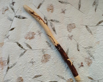 Greek cypress wand with dragon carving, kunzite crystal, and wood-burned details- tool for witchcraft- for witches, pagans and wiccans