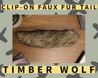 Clip-On Furry Timber Wolf 15 Inch Faux Fur Tail Fursuit Partial Fursuiting Halloween PetPlay Costume Wolf Fursona Dog Hyena Coyote Cosplay