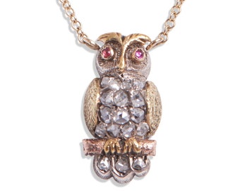 Antique Rose Cut Diamond and Ruby Owl Necklace