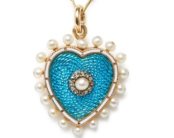 Victorian 18KT Enamel Pearl and Diamond Heart Necklace