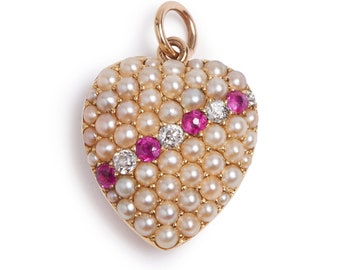 Antique 15KT Pearl Ruby and Diamond Heart Locket