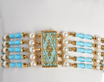 Victorian Robin's Egg Blue Enamel and Pearl 5 Row Bracelet