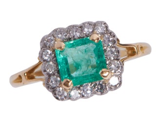 Edwardian 18KT and Platinum Carved Emerald and Diamond Halo Ring